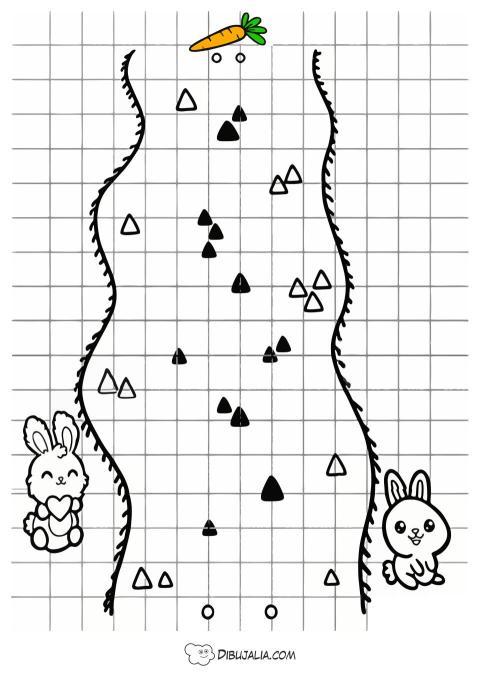 Pasatiempo de laberinto complejo para primaria con temática de conejo y zanahoria.