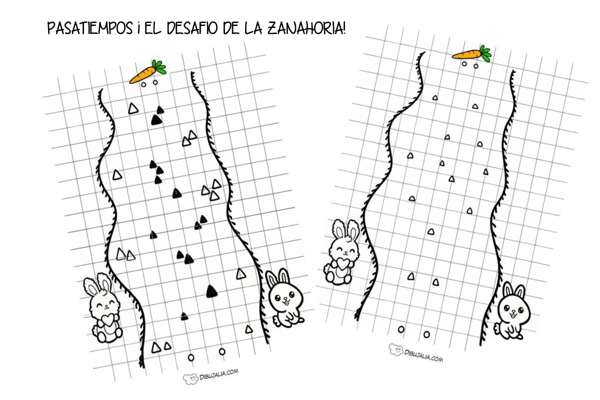 Pasatiempo de laberinto complejo para primaria con temática de conejo y zanahoria.