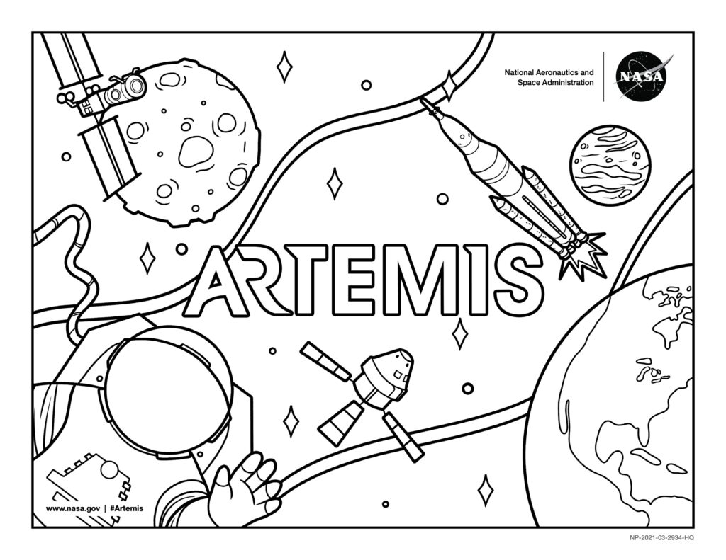 Dibujo para colorear del cohete Space Launch System (SLS) de la NASA en la plataforma de lanzamiento.