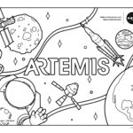Dibujo para colorear del cohete Space Launch System (SLS) de la NASA en la plataforma de lanzamiento.