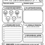 Ficha didáctica imprimible Apple Music Literario con secciones para emociones, vocabulario, ilustración y comprensión de texto para educación primaria